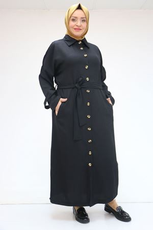 F-43091 Büyük Beden Düğmeli Bağlamalı Melanj Keten Trençkot - Siyah