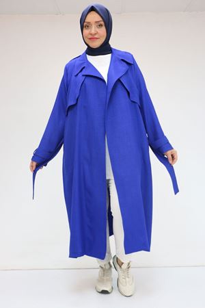 F-53009 Büyük Beden Kuşaklı Melanj Trençkot - Saks