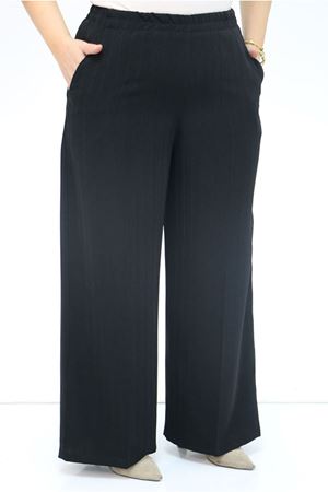 25K49033 - SİYAH - Büyük Beden Beli Lastikli Çizgili Krep Pantolon