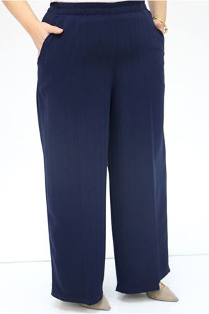 25K49033 - LACİVERT - Büyük Beden Beli Lastikli Çizgili Krep Pantolon