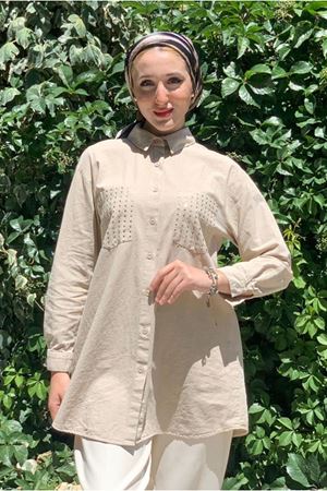 25Y4415 - VİZON - CEPLERİ TAŞ BASKILI GÖMLEK