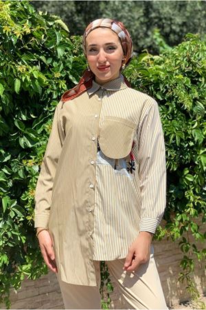25Y4456 - CAMEL - CEP DETAYLI ÇZİGİLİ POPLİN GÖMLEK