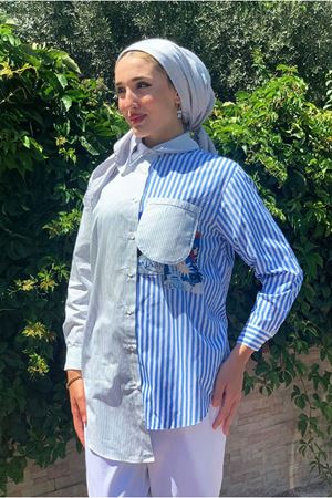 25Y4456 - MAVİ - CEP DETAYLI ÇZİGİLİ POPLİN GÖMLEK