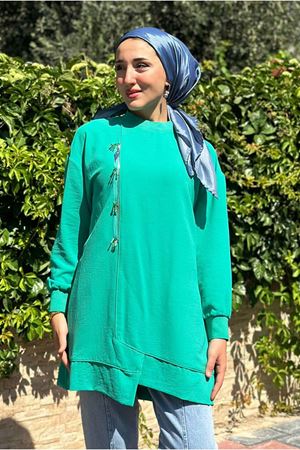 25Y4331 - YEŞİL - PUANE FERMUARI BONCUKLU TUNİK
