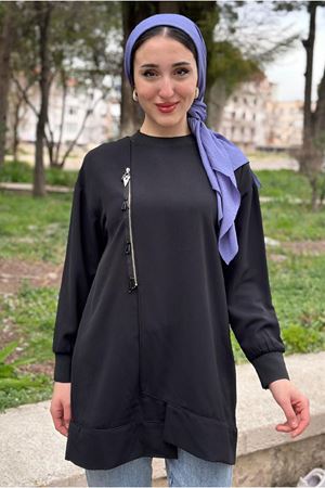 25Y4331 - SİYAH  - PUANE FERMUARI BONCUKLU TUNİK