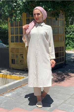 25Y4425 - BEJ - UZUN KETEN GÖMLEK TUNİK 