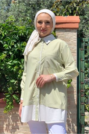 25Y4309 - YAĞ YEŞİLİ- ÇİZGİLİ POPLİN GÖMLEK