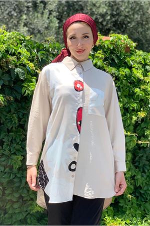 25Y4402 - BEJ - DİJİTAL DESENLİ SATEN DETAY GÖMLEK