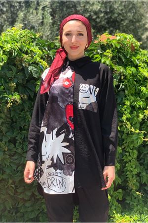 25Y4402 - SİYAH - DİJİTAL DESENLİ SATEN DETAY GÖMLEK