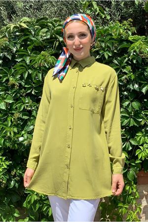 25Y4408 - YAĞ YEŞİLİ - BONCUK TAŞLI TENSEL GÖMLEK TUNİK