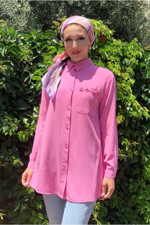 25Y4408 - PEMBE  - BONCUK TAŞLI TENSEL GÖMLEK TUNİK