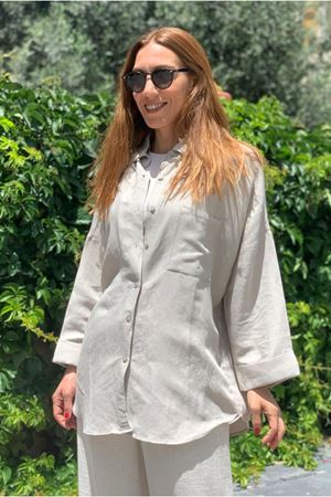 25Y4320  - BEJ - OVERSİZE HAM KETEN GÖMLEK