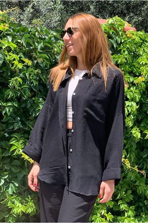 25Y4320  - SİYAH - OVERSİZE HAM KETEN GÖMLEK