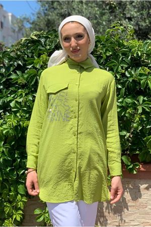 25Y4452 - YAĞ YEŞİLİ - YAZILI TAŞ DETAY GÖMLEK