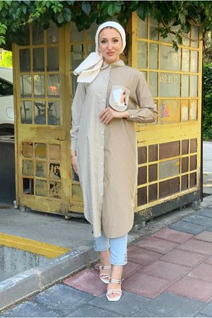 25Y4487 - CAMEL - CEBİ SATEN DETAY POPLİN UZUN TUNİK