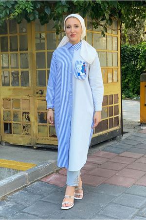 25Y4487 - MAVİ - CEBİ SATEN DETAY POPLİN UZUN TUNİK