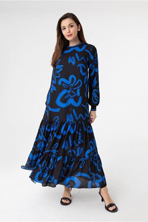 25Y3537 - SİYAH/SAKS - ZAMBAK ŞİFON ELBİSE