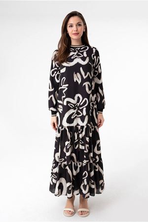 25Y3537 - SİYAH/BEJ - ZAMBAK ŞİFON ELBİSE