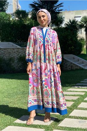 25Y3535 - ÇİÇEKLİ LİLA - ZARA MODEL VİSKON ELBİSE