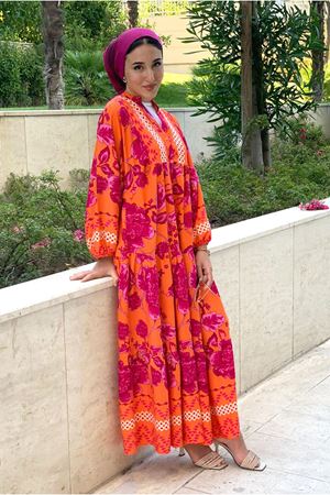 25Y3541 - TURUNCU/FUŞYA - BEGONVİL VİSKON ELBİSE