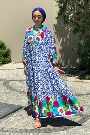 25Y3541 - ÇİÇEKLİ TURUNCU - BEGONVİL VİSKON ELBİSE