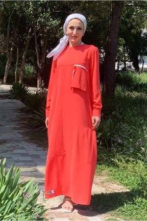 25Y3516 - CORAL - CEP DETAYLI JAKAR ELBİSE