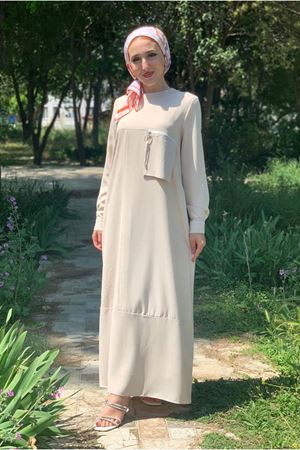 25Y3516 - BEJ - CEP DETAYLI JAKAR ELBİSE