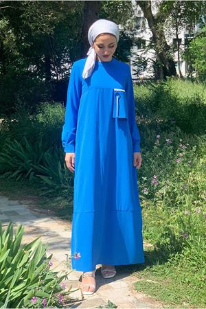 25Y3516 - MAVİ - CEP DETAYLI JAKAR ELBİSE 