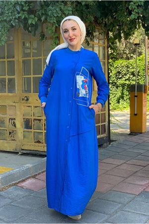 25Y3533 - SAKS - SATEN DETAY TAM BOY DÜĞMELİ  ELBİSE