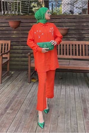 25Y3083 - TURUNCU - BONCUK İŞLEMELİ JAKARLI TAKIM