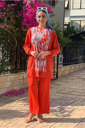 25Y3256 - AÇIK KIRMIZI  - ÖZGÜN DESENLİ SANDY TAKIM