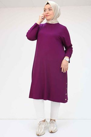 38015  Büyük Beden Düğme Detaylı Penye Tunik - Mürdüm