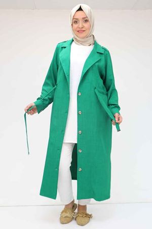 F-53004 Büyük Beden Kendinden Kuşaklı Melanj Trençkot - Beneton