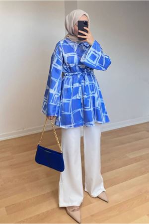 25Y3251 - MAVİ- BELİ BAĞCIKLI JAKARLI İKİLİ TAKIM