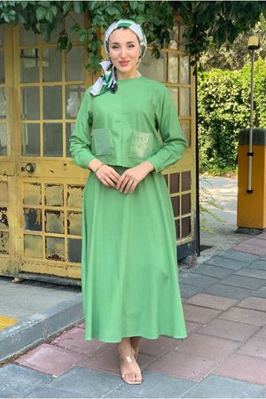 25Y3589 - YEŞİL - PUL DETAYLI ETEKLİ TAKIM 