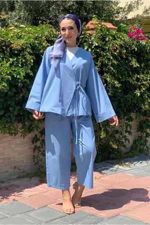 25Y2296 - MAVİ - KİMONOSU BAĞLAMALI RELAX İKİLİ TAKIM 