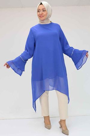 58018 Büyük Beden Kolu Volanlı Taş Baskılı Şifon Tunik - Saks