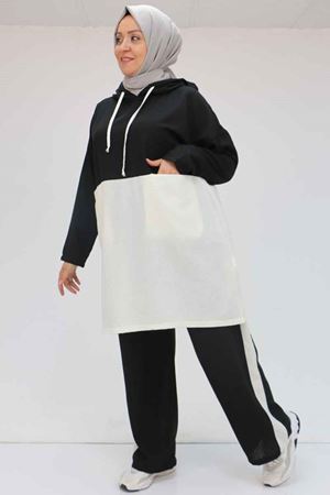 57008 Büyük Beden Kapşonlu Düşükkol Pantolonlu Takım - Siyah