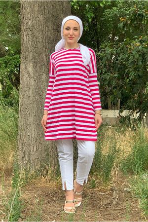 25Y4315 - FUŞYA - KALIN ÇİZGİLİ OVERSİZE TUNİK