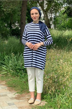 25Y4315 - LACİVERT - KALIN ÇİZGİLİ OVERSİZE TUNİK