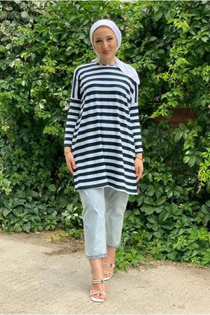 25Y4315 - ZÜMRÜT  - KALIN ÇİZGİLİ OVERSİZE TUNİK