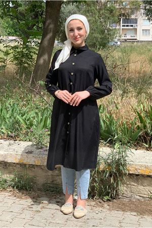 25Y7079 - SİYAH - DÜĞMELİ KETEN GÖMLEK
