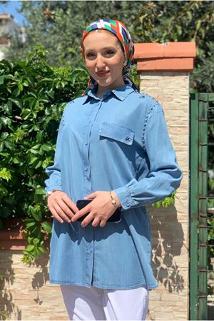 25Y4371 - AÇIK MAVİ  - OMUZU İNCİLİ TAŞLI  GÖMLEK 