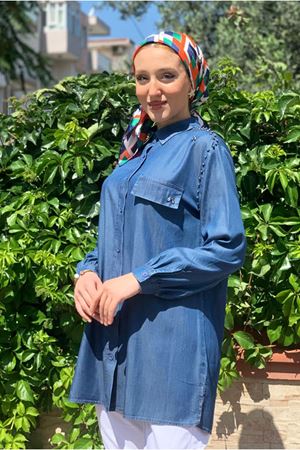 25Y4371 - KOYU MAVİ - OMUZU İNCİLİ TAŞLI GÖMLEK