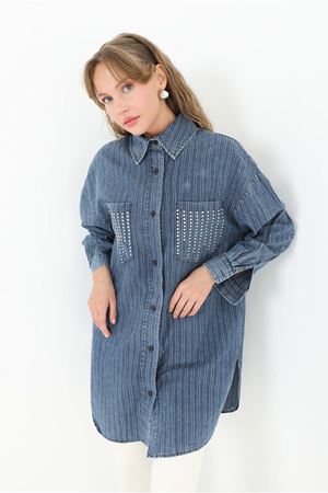 25Y4475 - MAVİ -  KETEN KOT PARLAK ÇİZGİLİ GÖMLEK