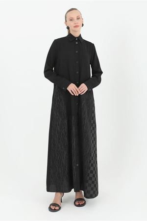 25Y5255 - SİYAH - DÜĞMELİ JAKARLI ELBİSE FERACE