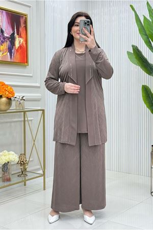 25Y5055 - VİZON - BÜYÜK BEDEN ABİYE PANTOLONLU TAKIM 