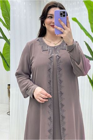 25Y6050 - VİZON - BÜYÜK BEDEN ÇAKMA TAŞLI ABİYE ELBİSE