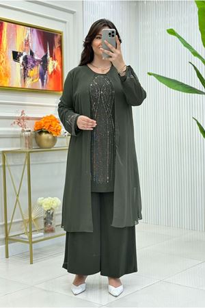 25Y5050 - HAKİ - BÜYÜK BEDEN TAŞLI ABİYE PANTOLONLU TAKIM