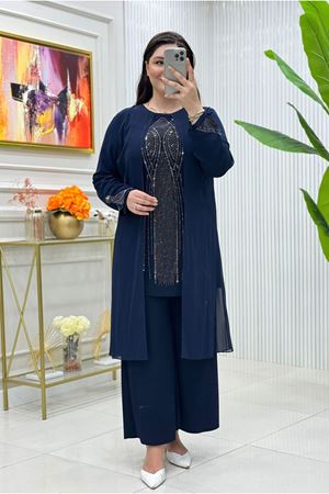 25Y5050 - LACİVERT - BÜYÜK BEDEN TAŞLI ABİYE PANTOLONLU TAKIM